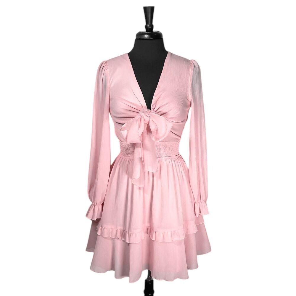 Pretty Garden Women's Dress Pink Tie Front Tiered Elastic Waist Fit Flare Small